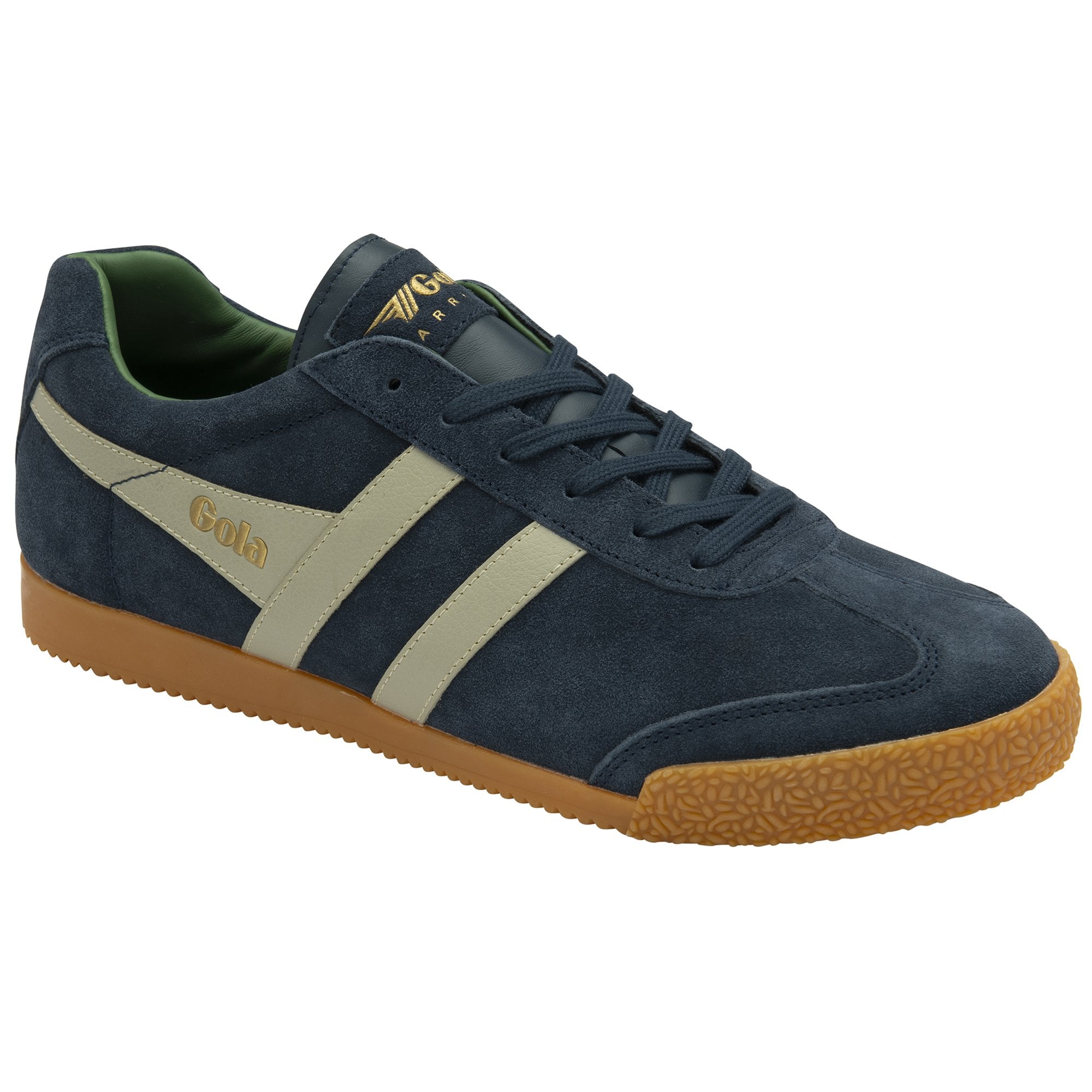 A single Gola Daytona trainer in navy blue with cream stripes from a slight angle.