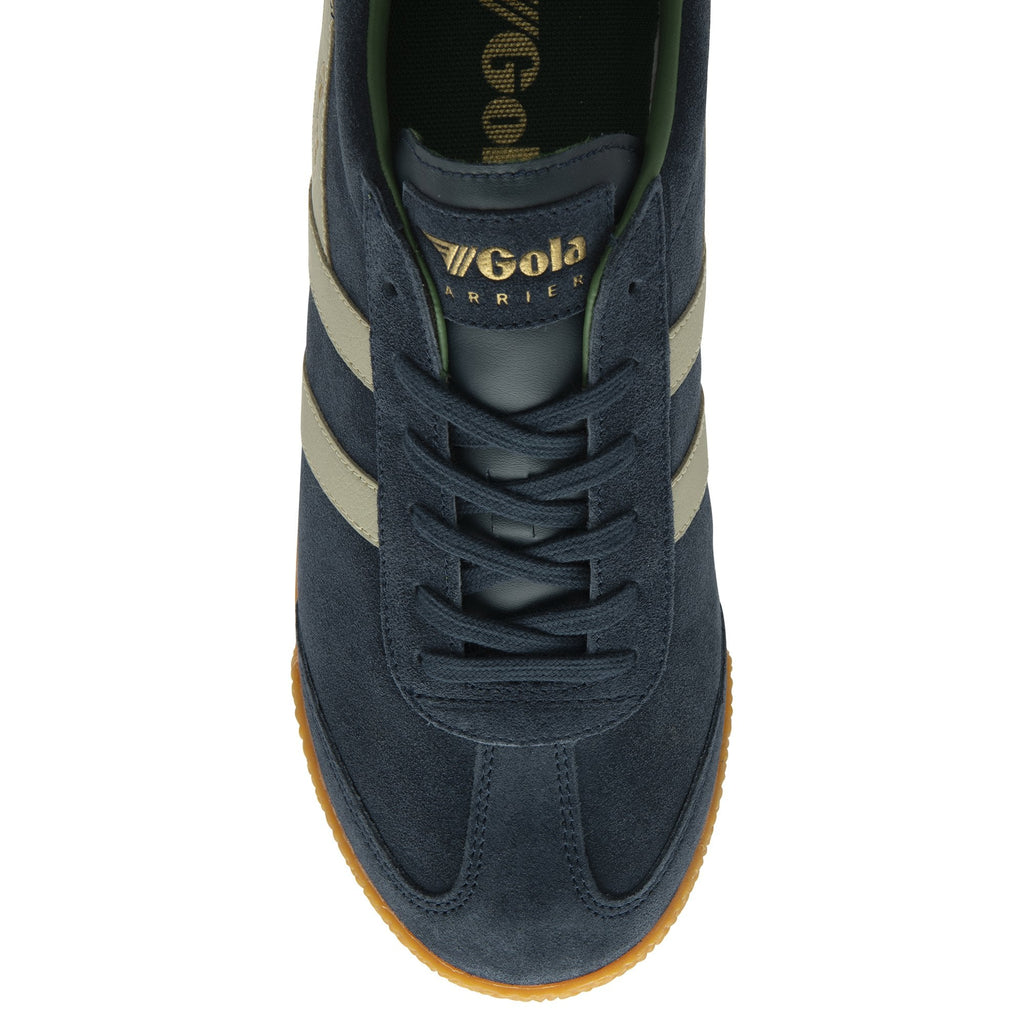 A single Gola Daytona trainer in navy blue with cream stripes from a top-down angle.