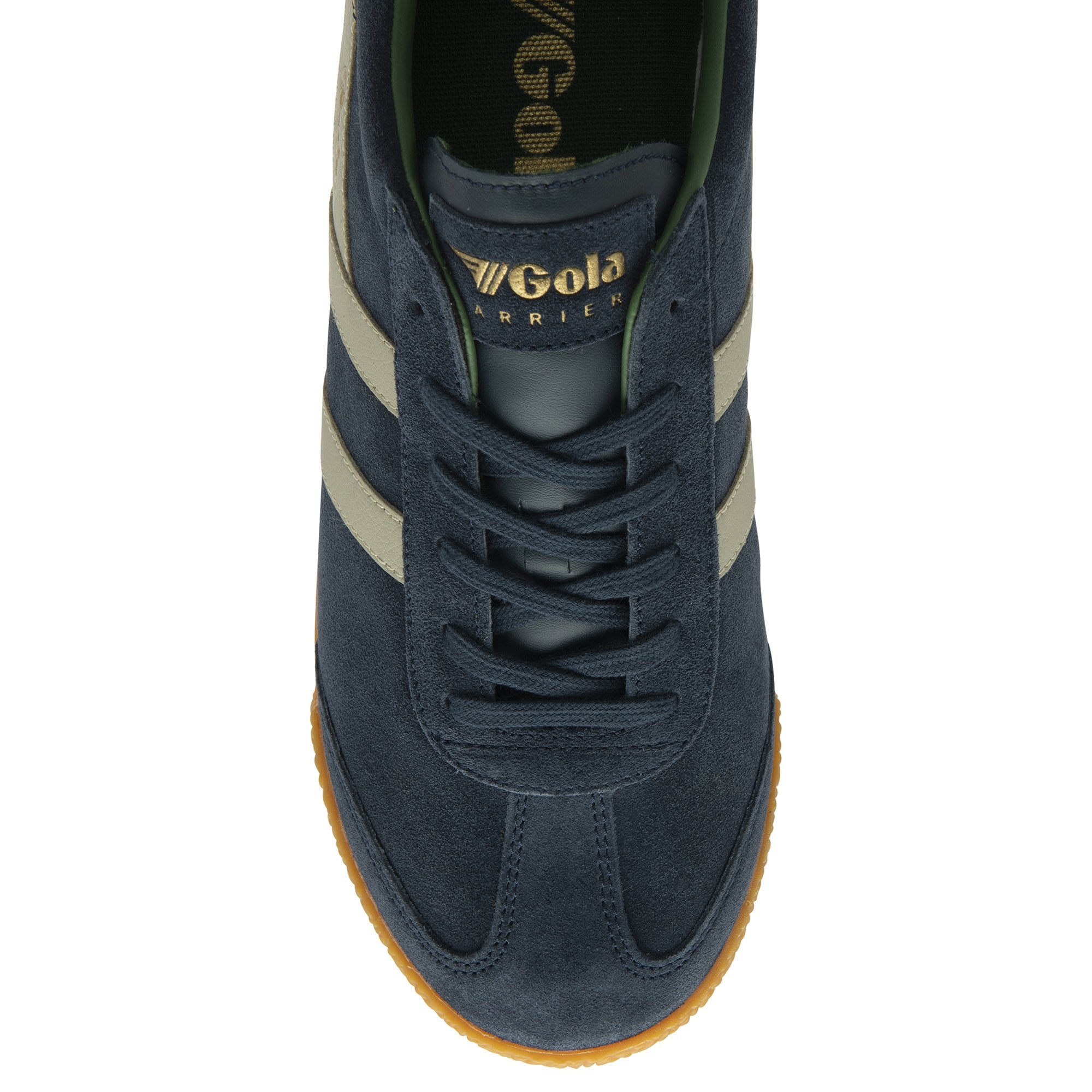 A single Gola Daytona trainer in navy blue with cream stripes from a top-down angle.