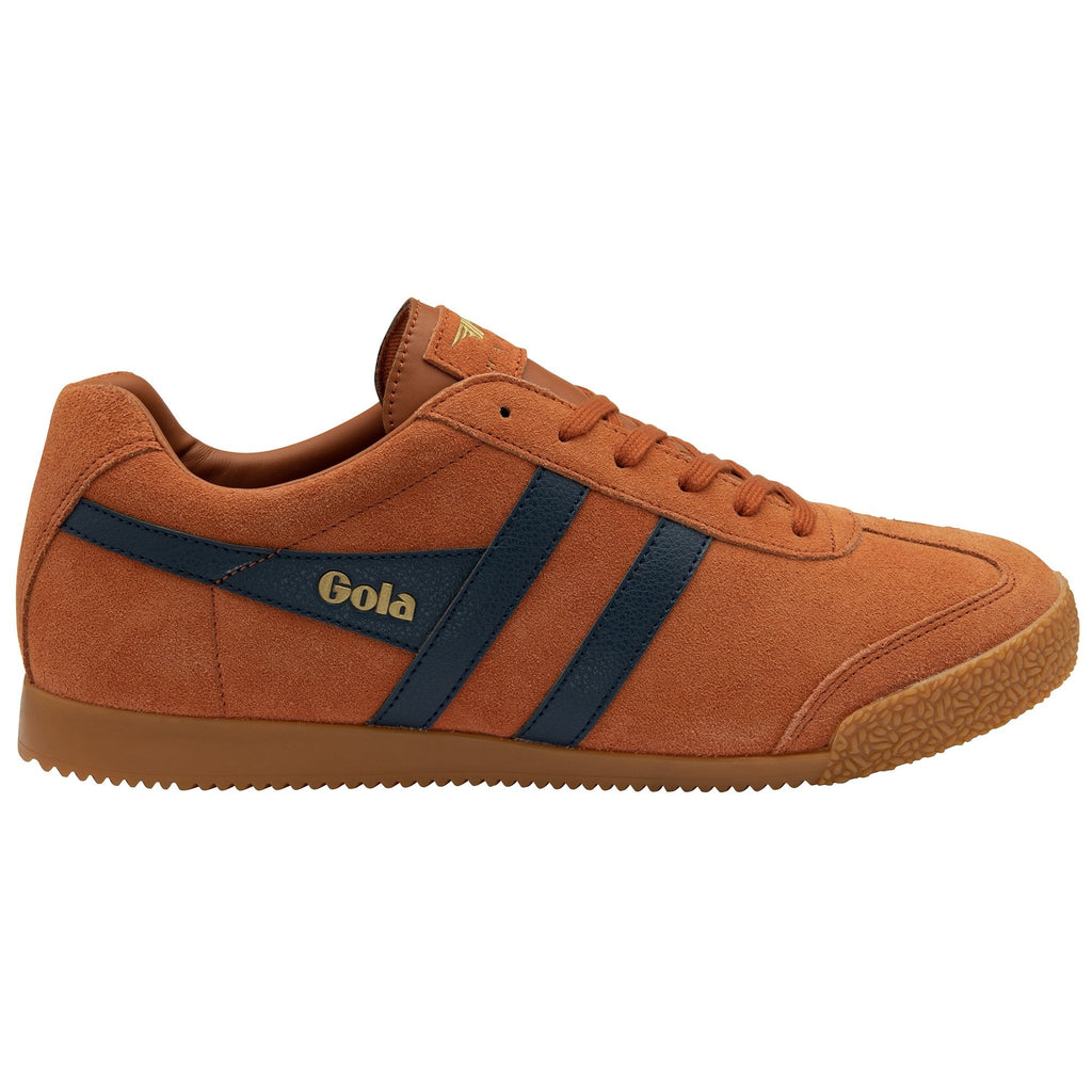 Side profile of a Gola Harrier suede sneaker in tan with navy blue stripes.