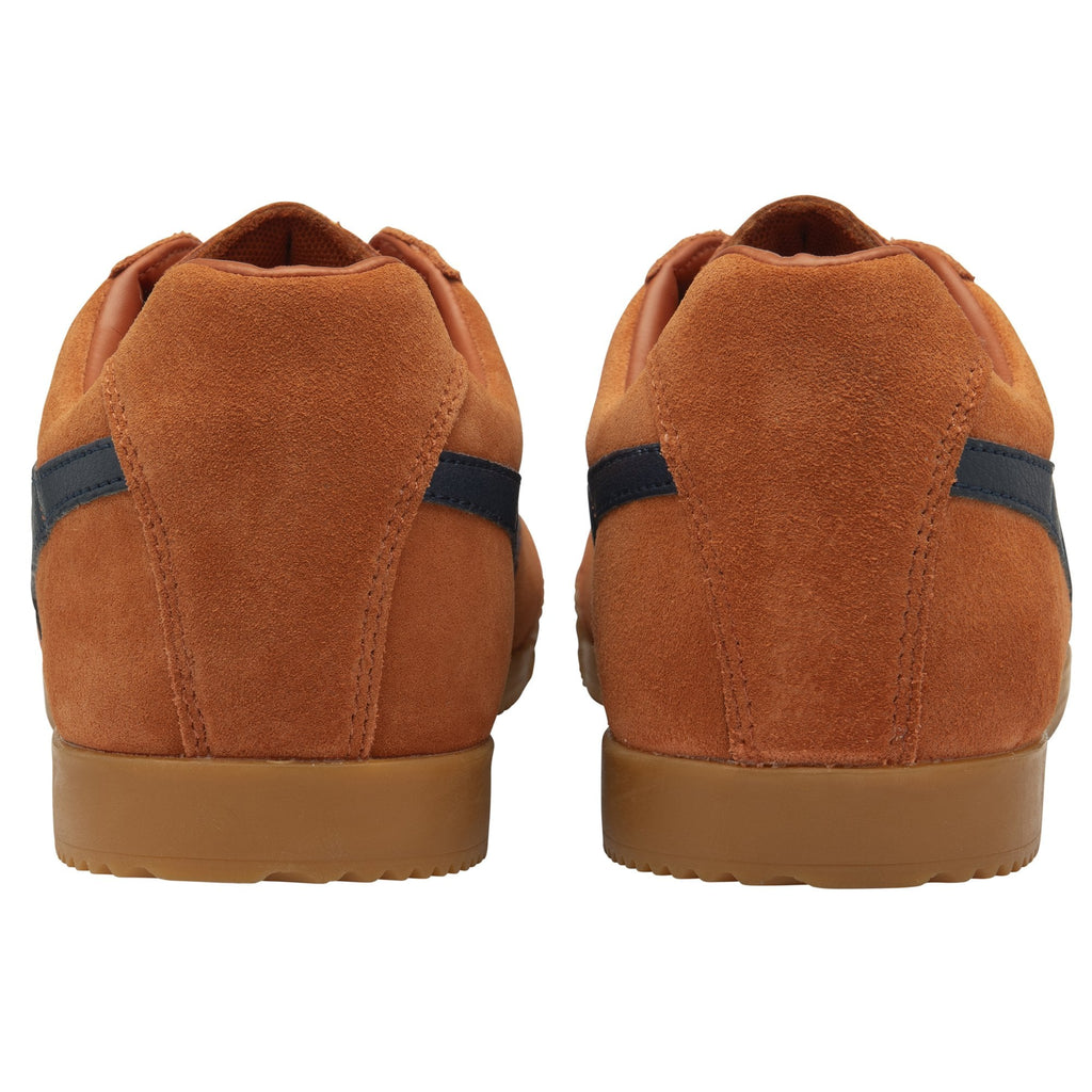 Rear view of two Gola Harrier suede sneakers in tan with navy blue stripes.