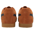 Rear view of two Gola Harrier suede sneakers in tan with navy blue stripes.