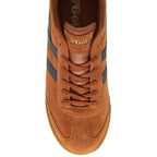 Top-down view of a Gola Harrier suede sneaker in tan with navy blue stripes and laces.