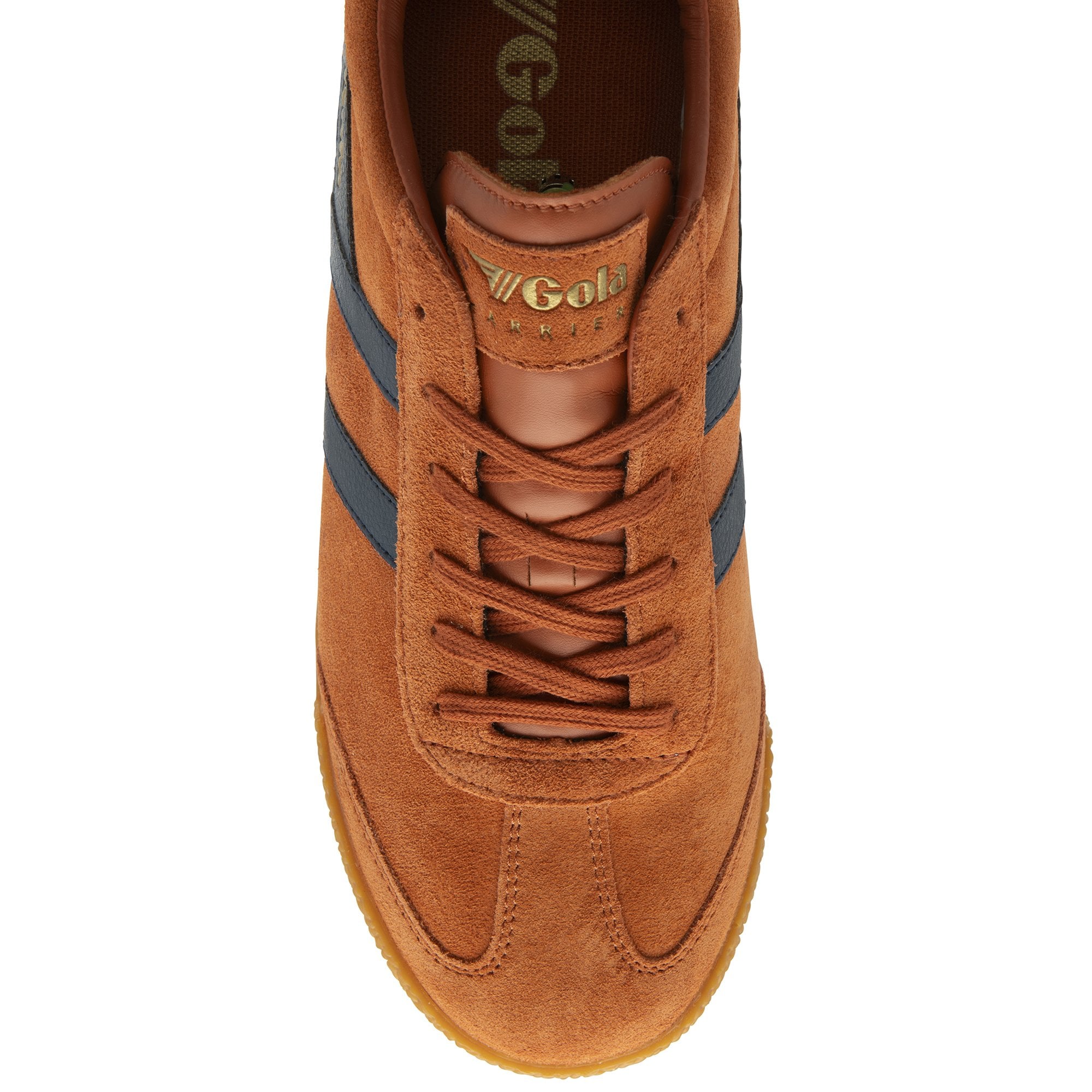 Top-down view of a Gola Harrier suede sneaker in tan with navy blue stripes and laces.
