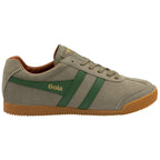 Side profile of a single Gola Harrier suede sneaker in khaki and green.