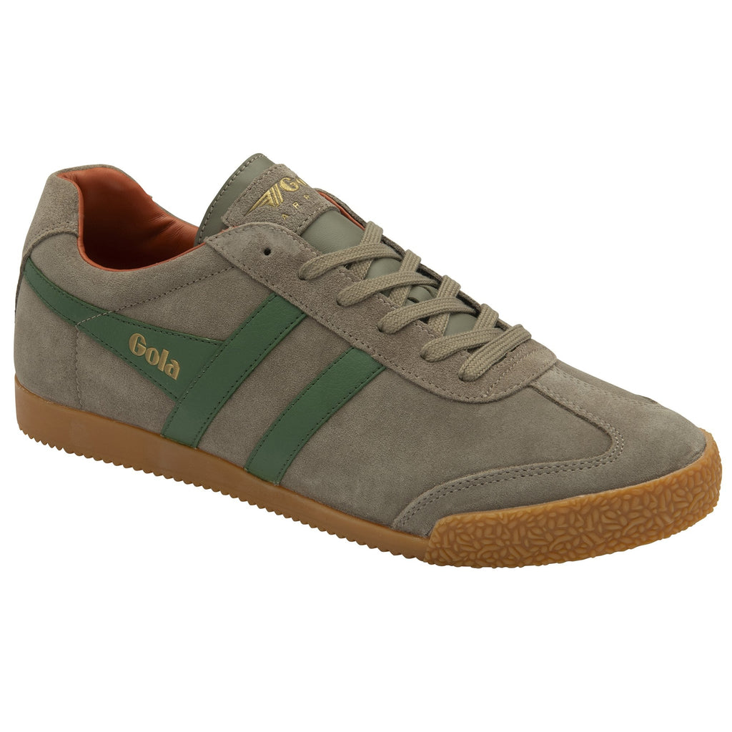 Angled view of a single Gola Harrier suede sneaker in khaki and green.