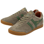 Pair of Gola Harrier suede sneakers in khaki with green stripes.