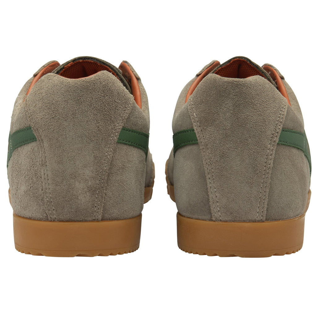 Rear view of a pair of Gola Harrier khaki and green suede sneakers.