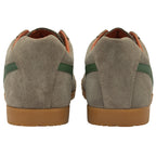 Rear view of a pair of Gola Harrier khaki and green suede sneakers.