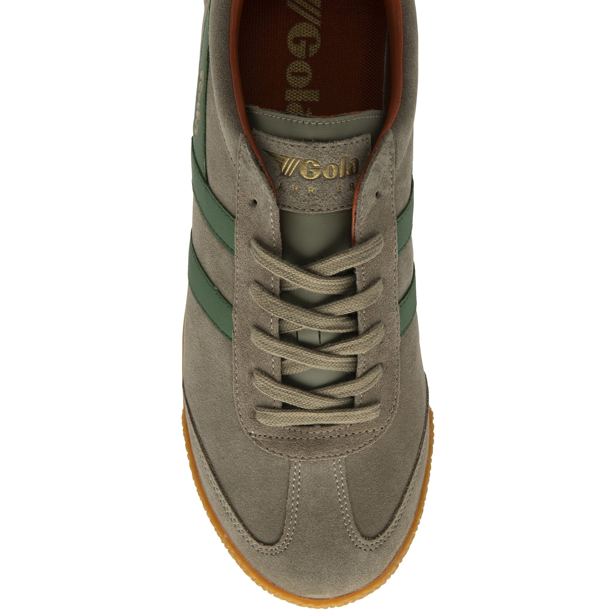 Top-down view of a single Gola Harrier suede sneaker in khaki and green.
