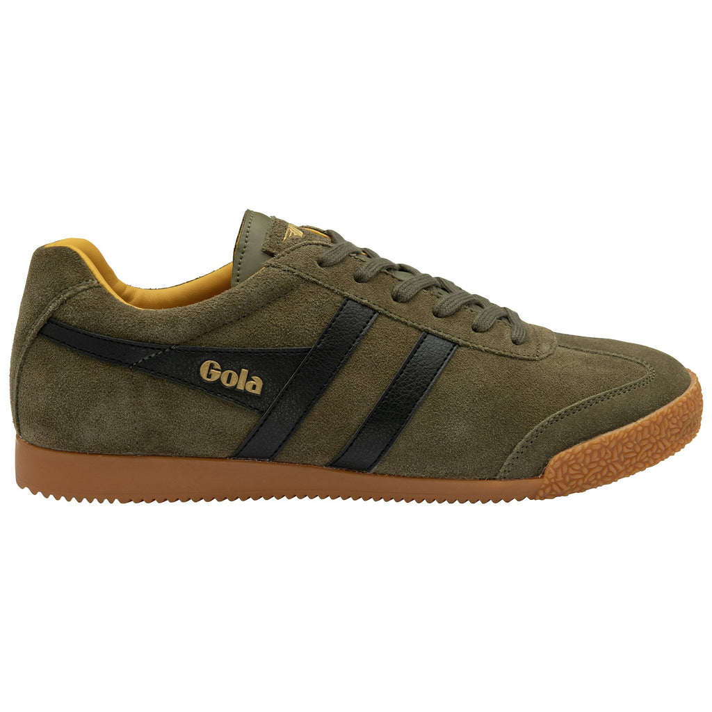 Side profile of a Gola Harrier shoe in olive green with black stripes and a gum sole.