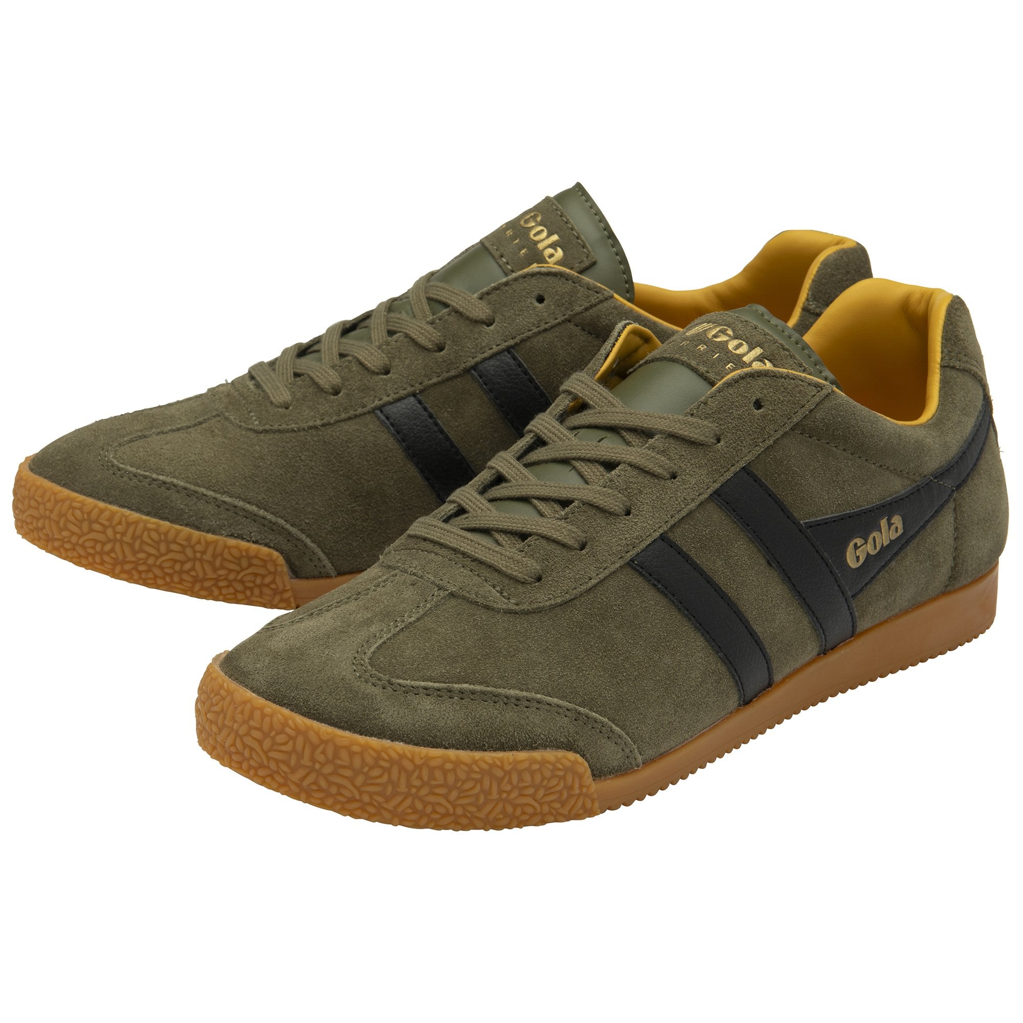 Pair of Gola Harrier shoes in olive green, black stripes, and gum soles, angled.