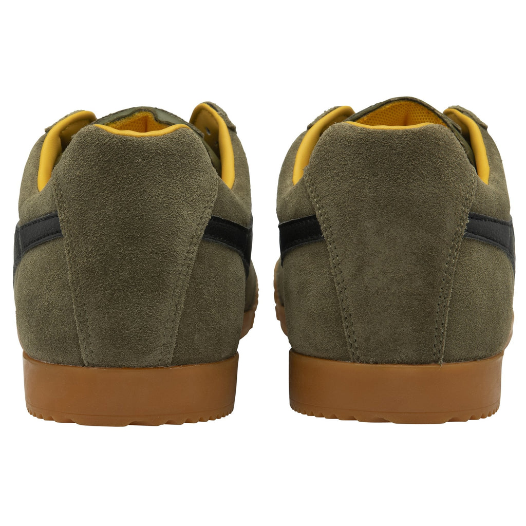 Rear view of a pair of olive green Gola Harrier sneakers with gum soles.