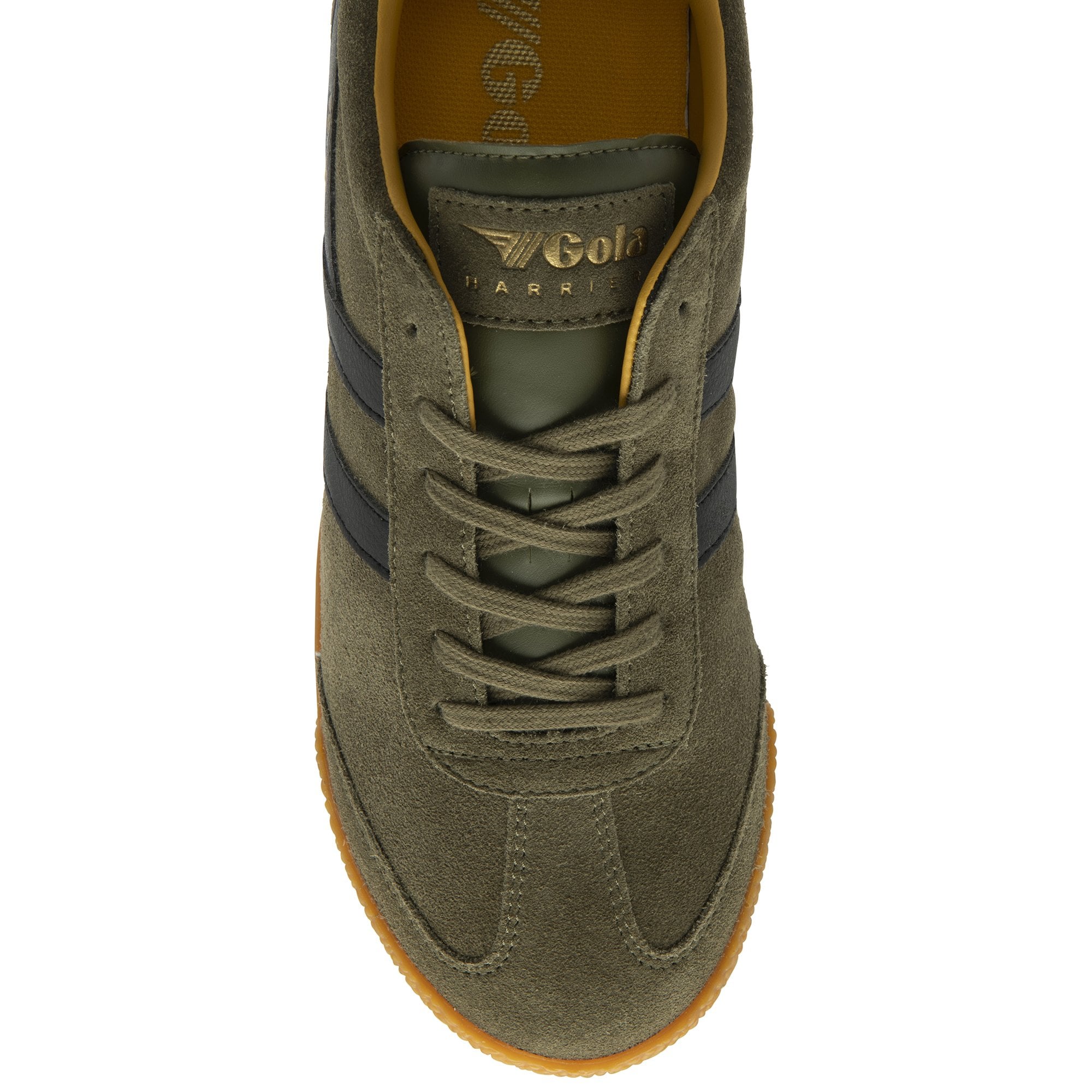 Top-down view of an olive green Gola Harrier shoe with black stripes and laces.