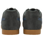 The back view of a pair of gray Gola sneakers with blue stripes and gum soles.