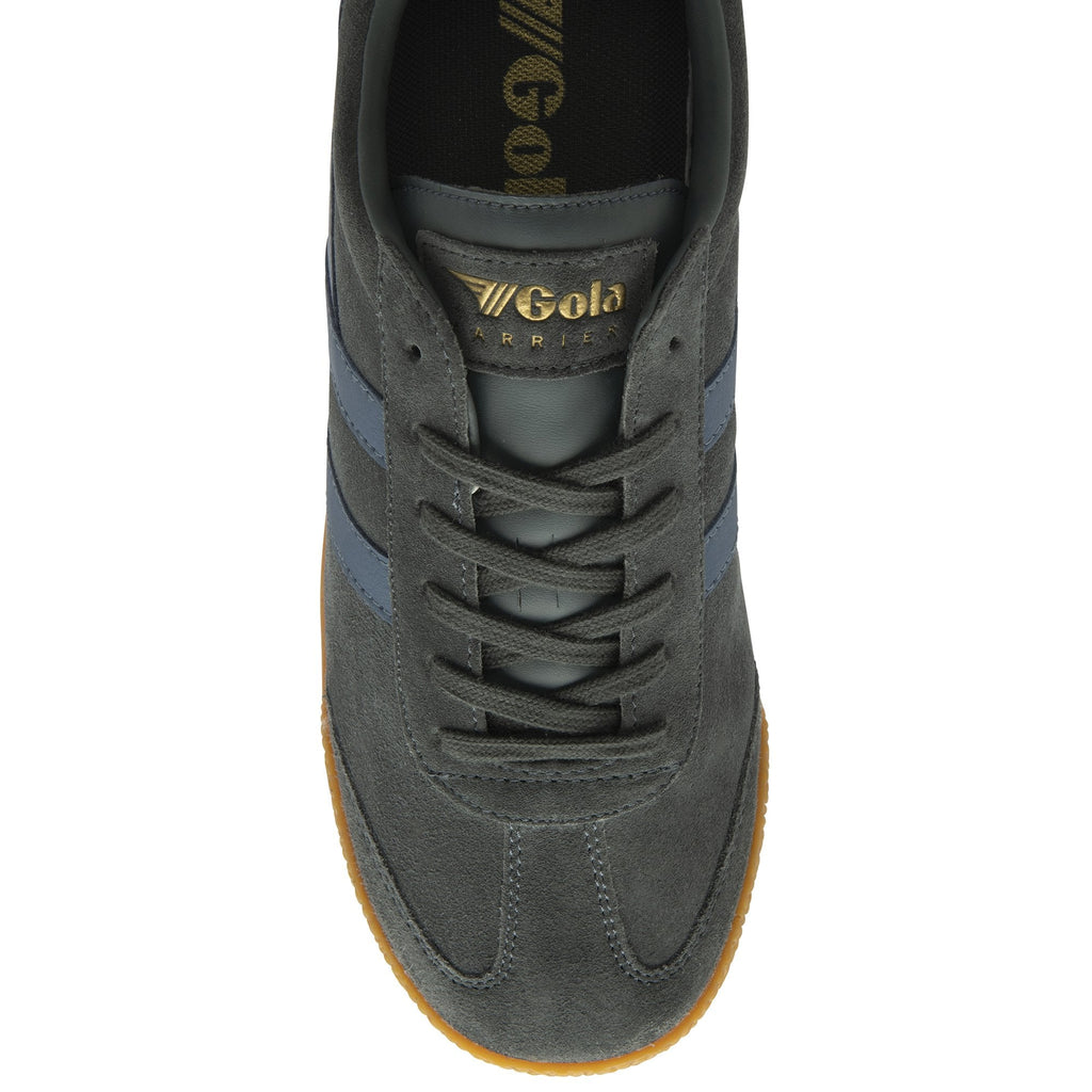 The top-down view of a single gray Gola sneaker with blue stripes and a gum sole.