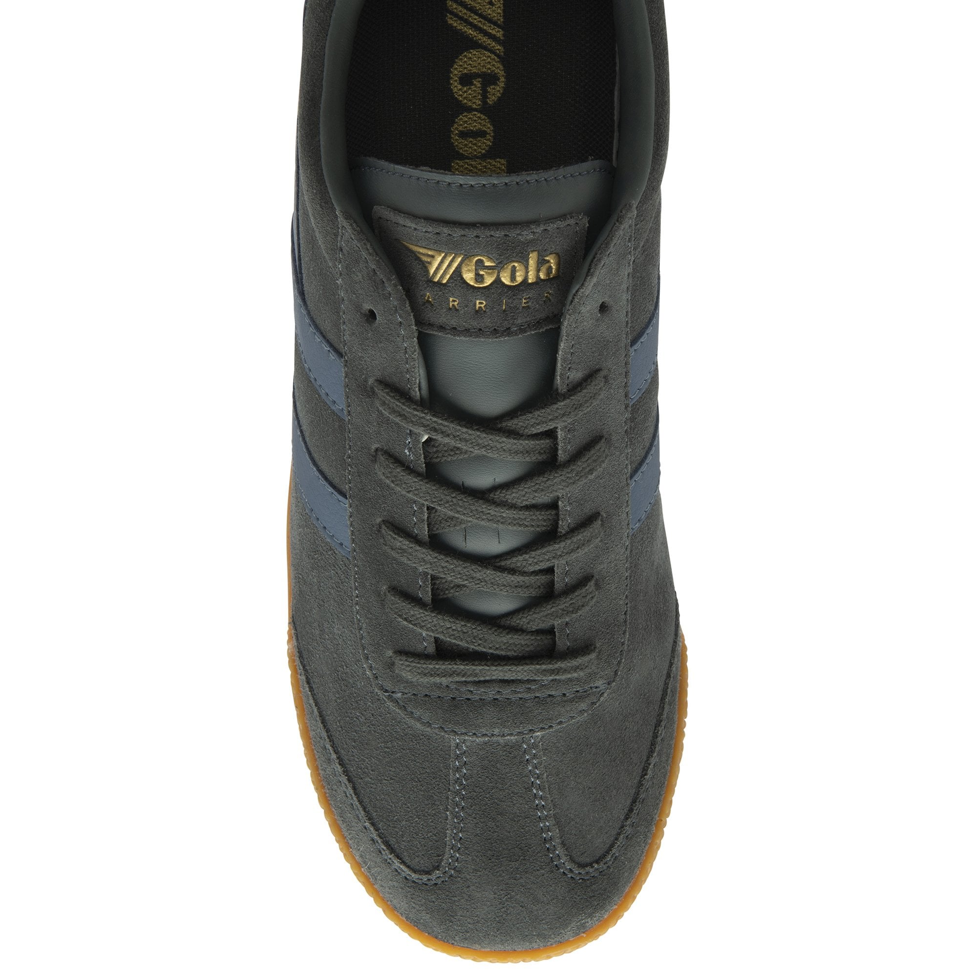 The top-down view of a single gray Gola sneaker with blue stripes and a gum sole.