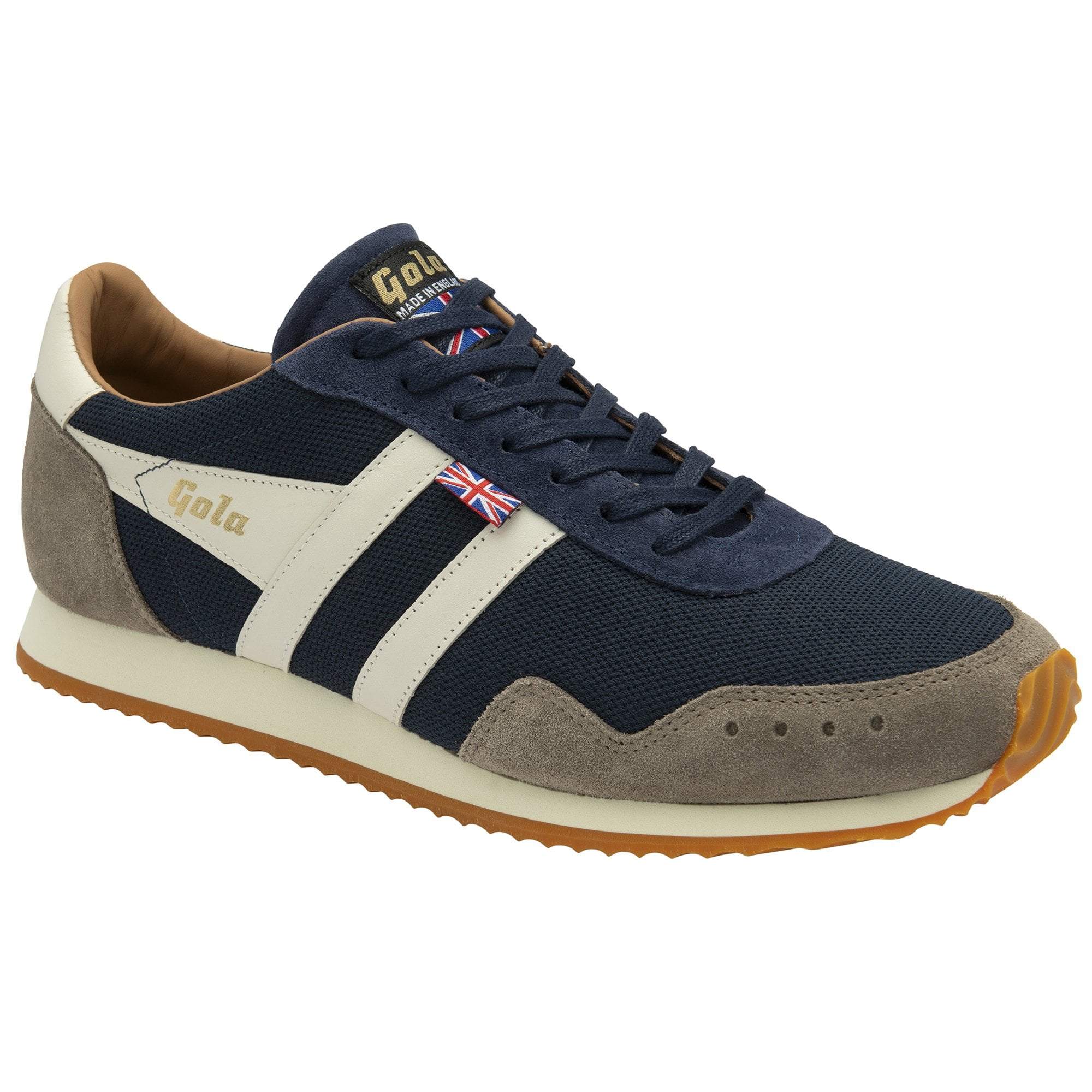 A single navy, off-white, and grey Gola Hurricane trainer, viewed from the side.