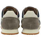 The rear view of a pair of Gola Hurricane trainers in navy, off-white, and grey.