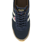 An overhead view of a Gola Hurricane trainer in navy, off-white, and grey.