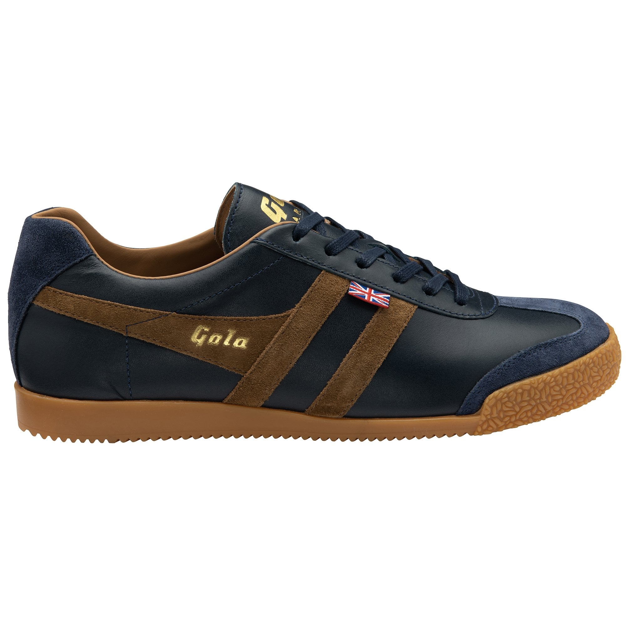 A single men's Gola Harrier trainer, navy leather with brown suede stripes, on a white background.