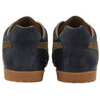 Rear view of a pair of men's Gola Harrier trainers, navy with brown stripes, on a white background.