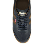Top down view of a men's Gola Harrier trainer, navy leather with brown suede stripes.