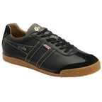 A single Gola low-top trainer in black with a gum sole, viewed from the left side.