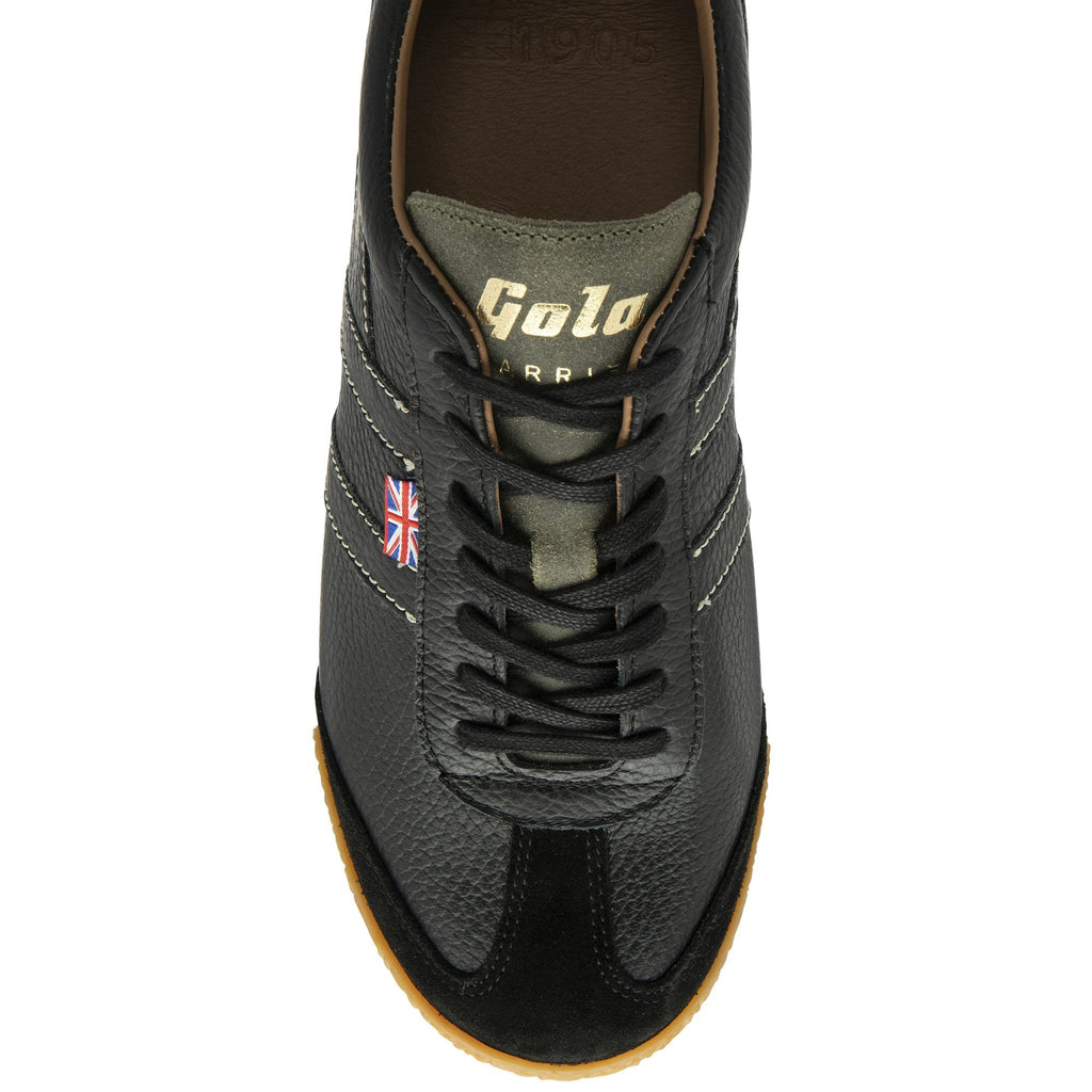 A single Gola low-top trainer in black with a gum sole, viewed from directly above.
