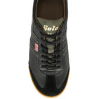 A single Gola low-top trainer in black with a gum sole, viewed from directly above.