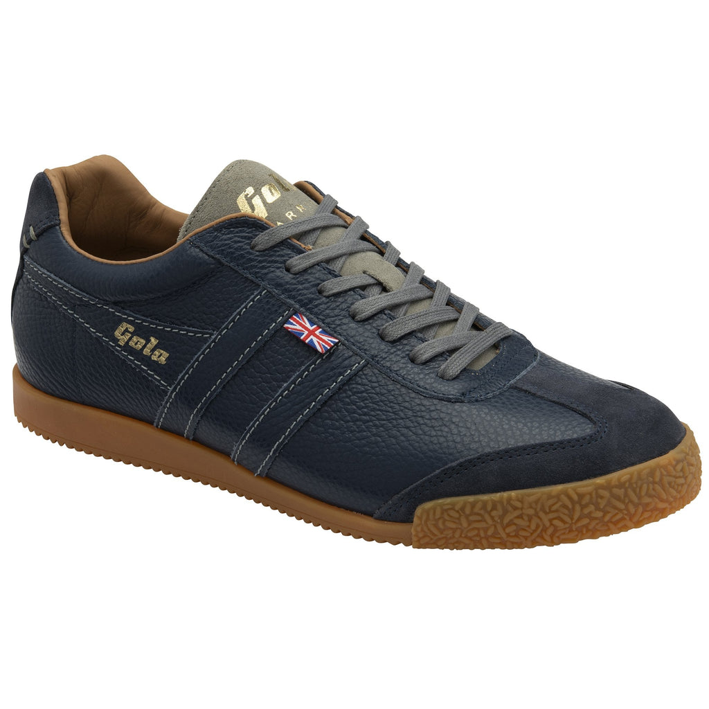 A right Gola men's Harrier 72 trainer in navy with a light gum sole and grey laces.