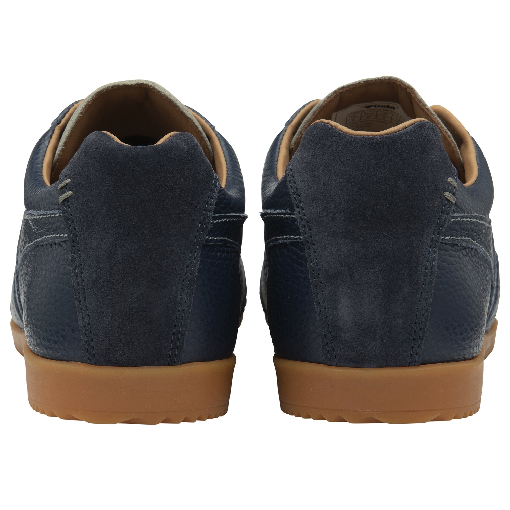 A rear view of a pair of Gola men's Harrier 72 trainers in navy with a light gum sole.