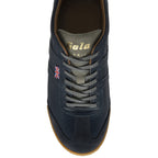 A top-down view of a single Gola men's Harrier 72 trainer in navy with a light gum sole.