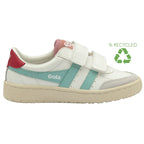 A recycled Gola Kids Baseline Mark II Velcro trainer in off-white, green and red.