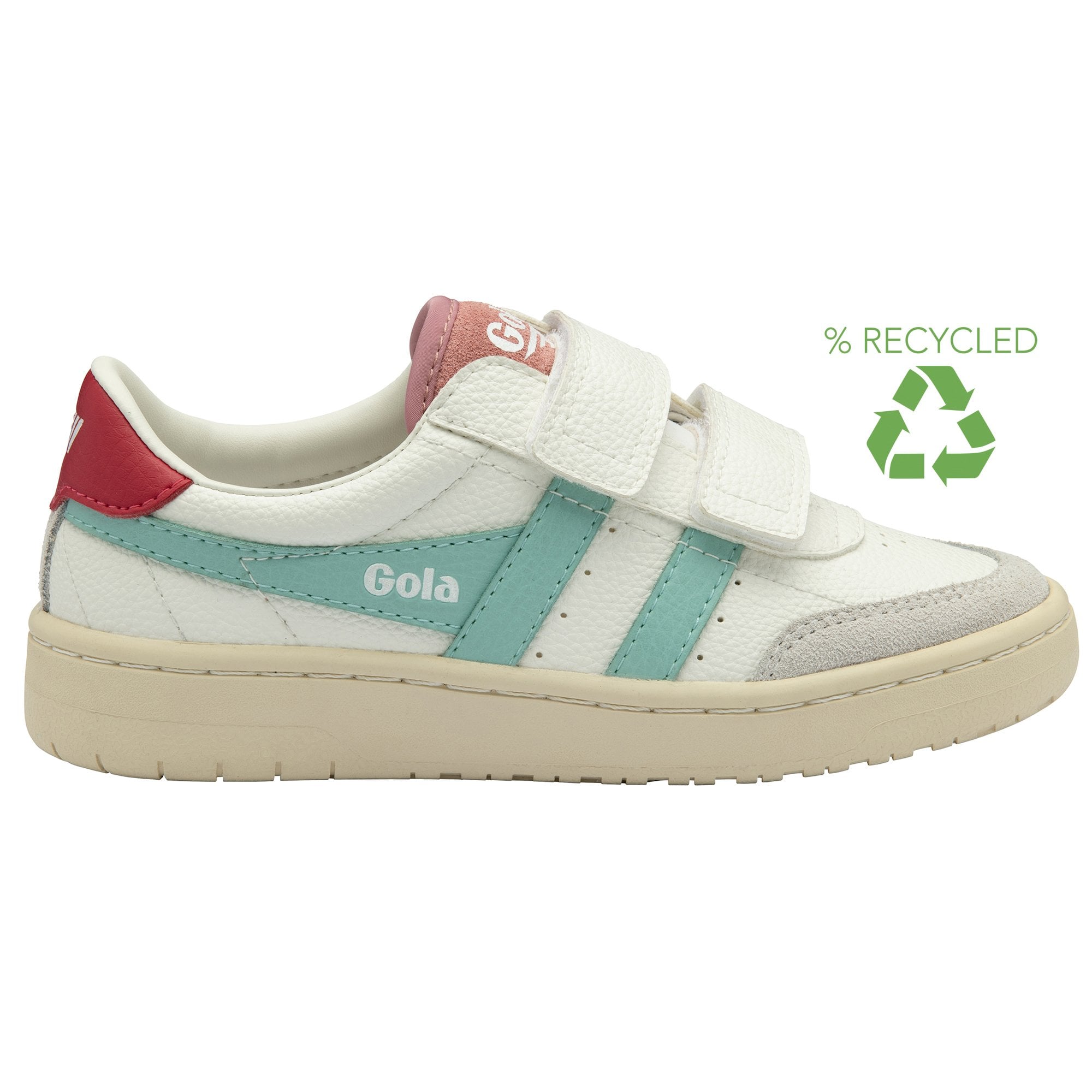 A recycled Gola Kids Baseline Mark II Velcro trainer in off-white, green and red.