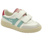 A close-up of a Gola Kids Baseline Mark II Velcro trainer in off-white, green, and red.