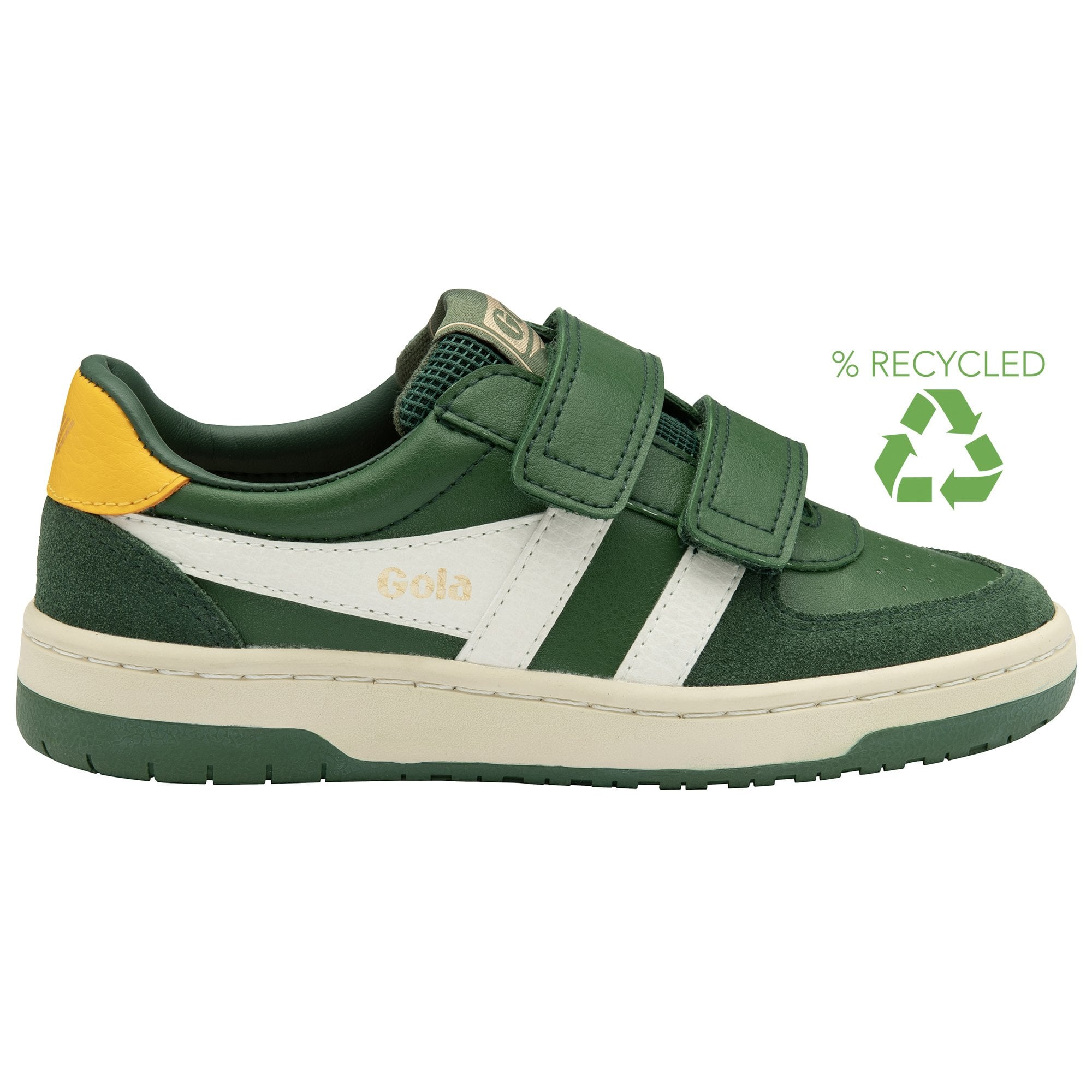 A recycled green Gola sneaker with white stripes and yellow heel detail.