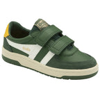 A single green Gola sneaker with white stripes, yellow heel detail, and hook-and-loop straps.