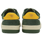 Rear view of green Gola sneakers, highlighting yellow heel with logo.