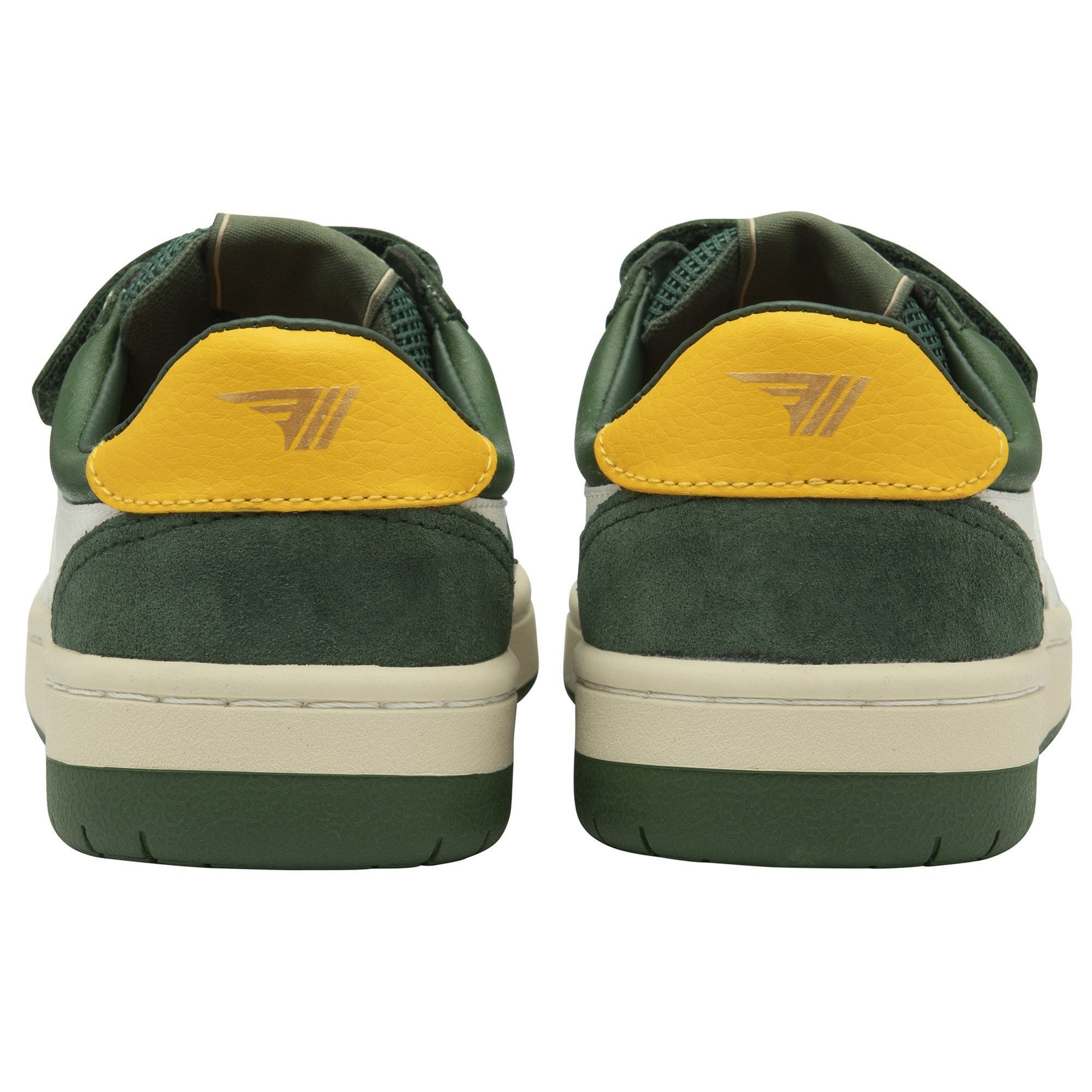 Rear view of green Gola sneakers, highlighting yellow heel with logo.