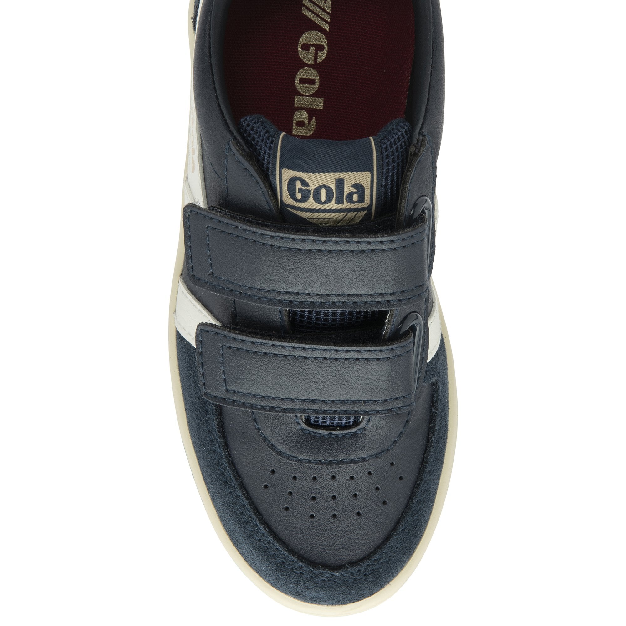 Top-down view of a navy sneaker with two white hook-and-loop straps.