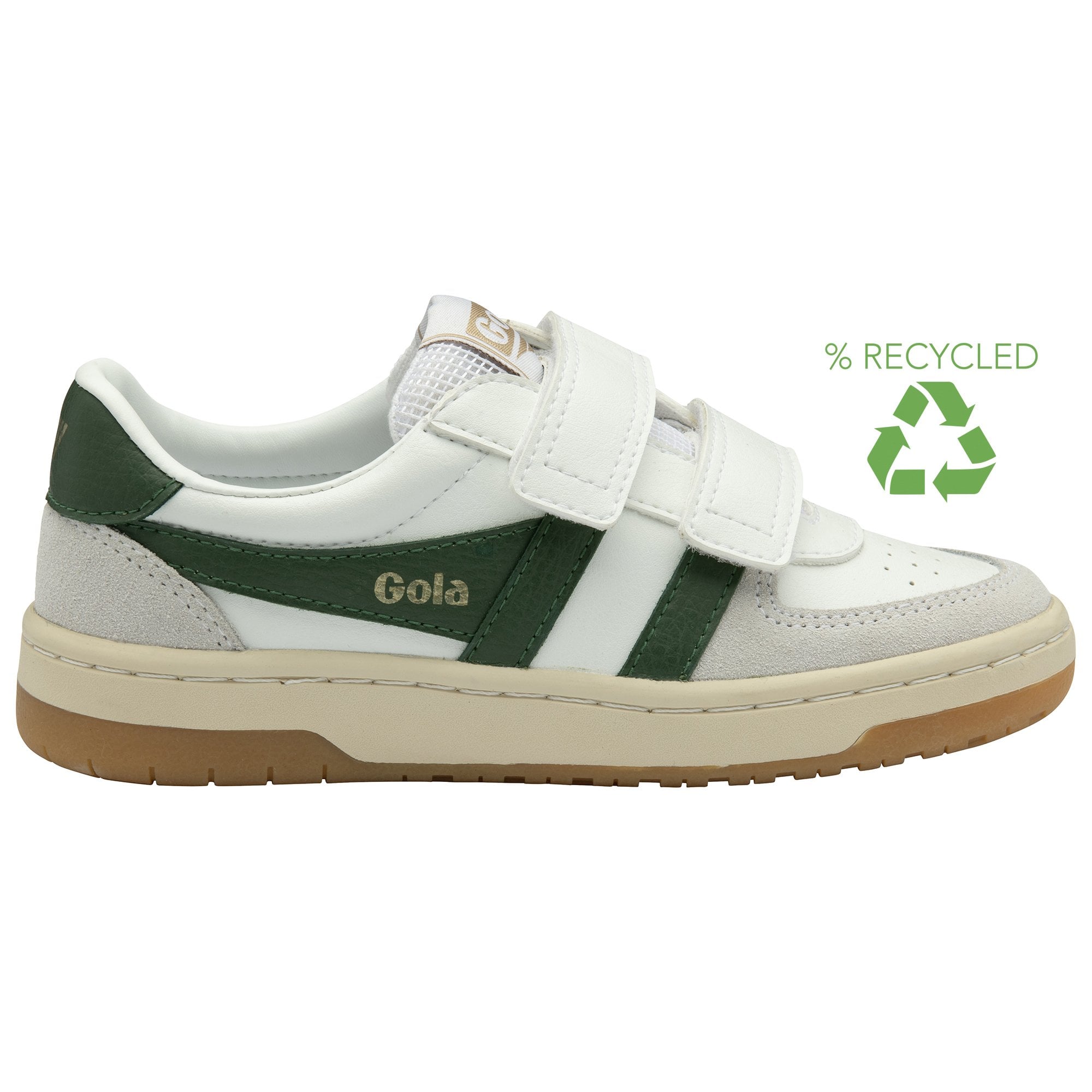 A white Gola sneaker with green stripes and two Velcro straps, with a recycled symbol.