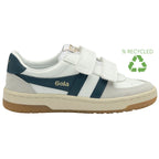 A white Gola sneaker with teal stripes, velcro closure, and a recycled symbol.