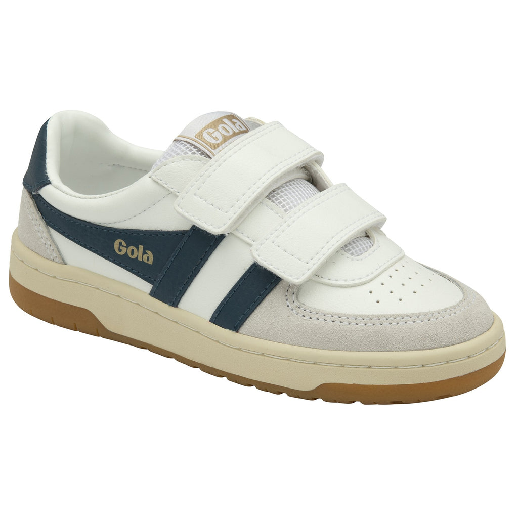 A white Gola sneaker with teal stripes, velcro closure, and a gum sole.