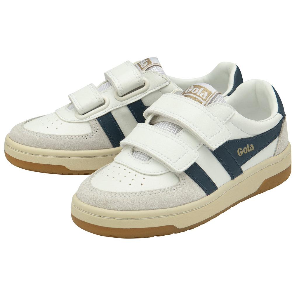 A pair of white Gola sneakers with teal stripes, velcro closure, and gum soles.