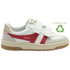 A white Gola sneaker with red stripes, two Velcro straps, and a 'Recycled' logo in green.