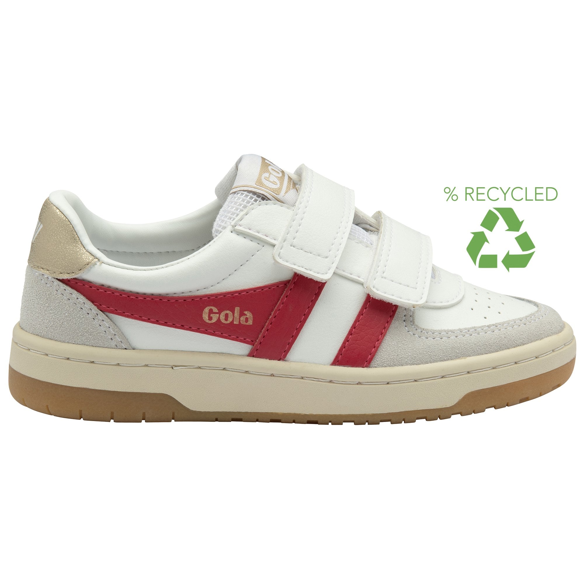 A white Gola sneaker with red stripes, two Velcro straps, and a 'Recycled' logo in green.