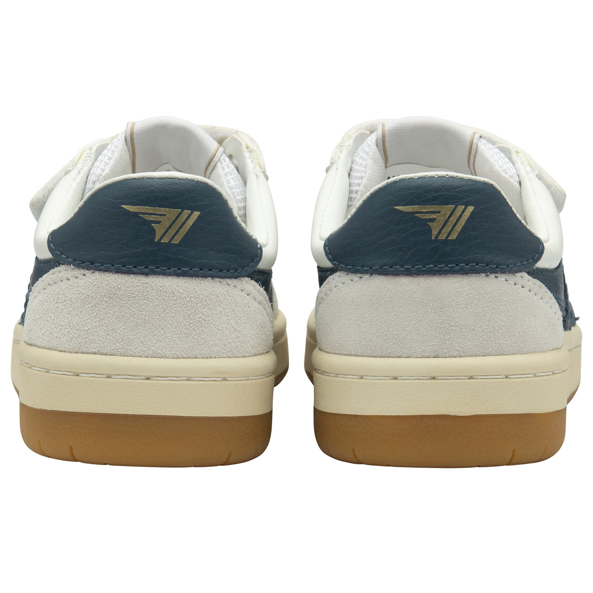 Rear view of two white Gola sneakers with teal accents and a gold logo.