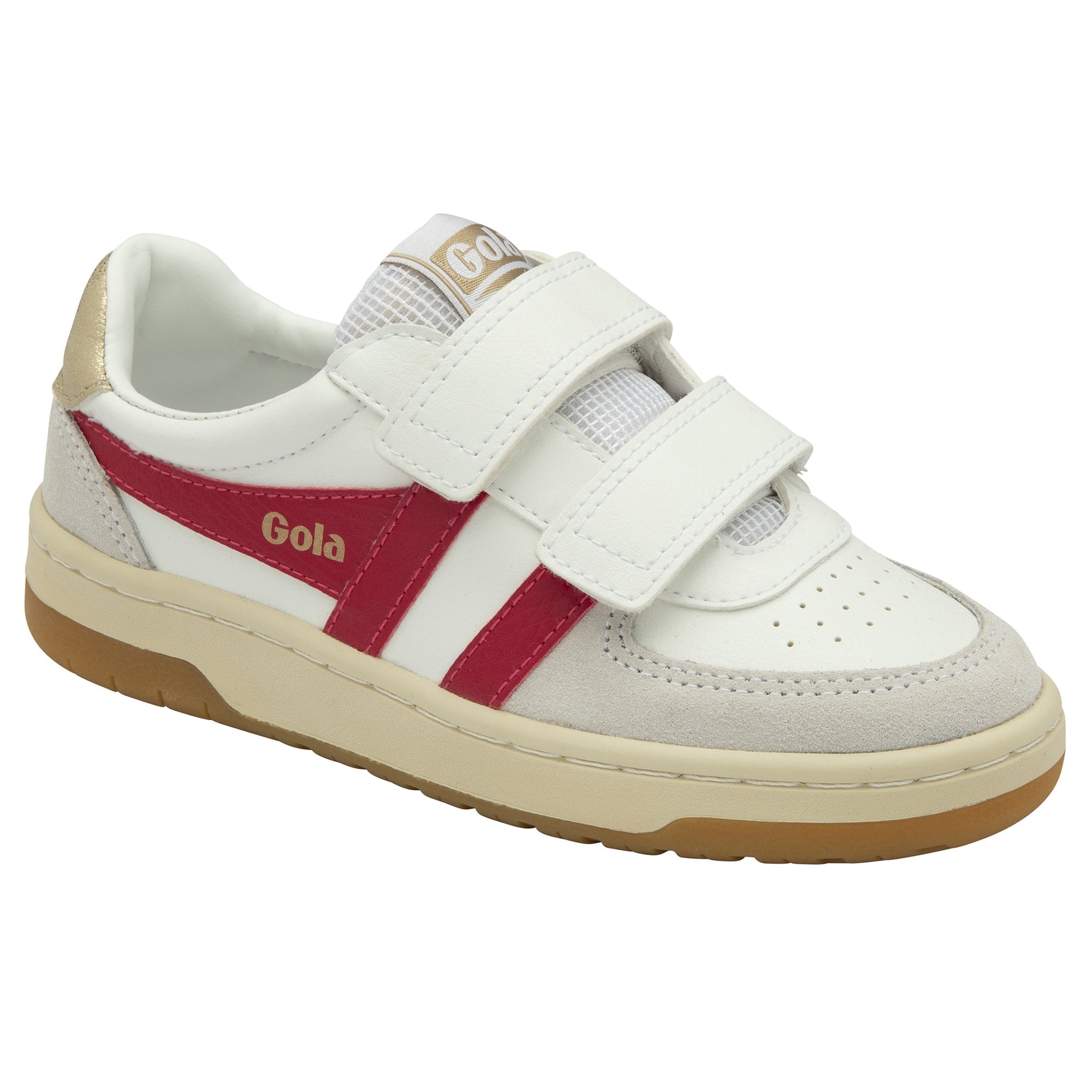 A white Gola sneaker with red stripes, two Velcro straps, and a Gola logo on the tongue.