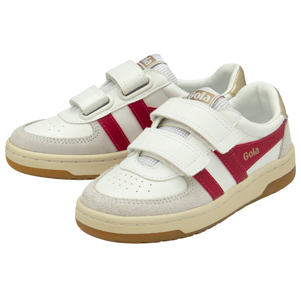 A pair of white Gola sneakers with red stripes, two Velcro straps, and a gold accent.